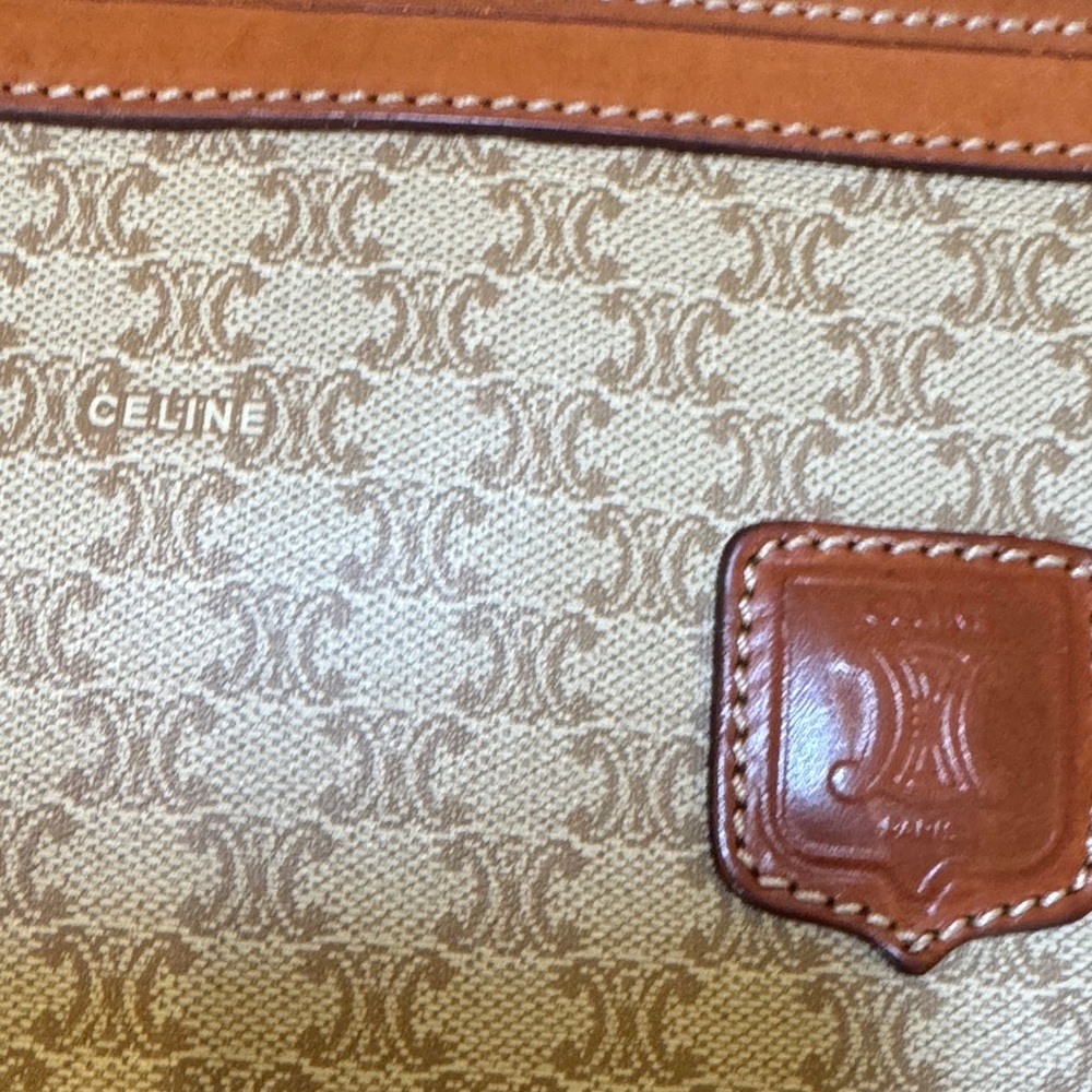 Celine Triumph Logo Clutch Leather Trim Vintage Beige & Brown Bag - Picture 11 of 16